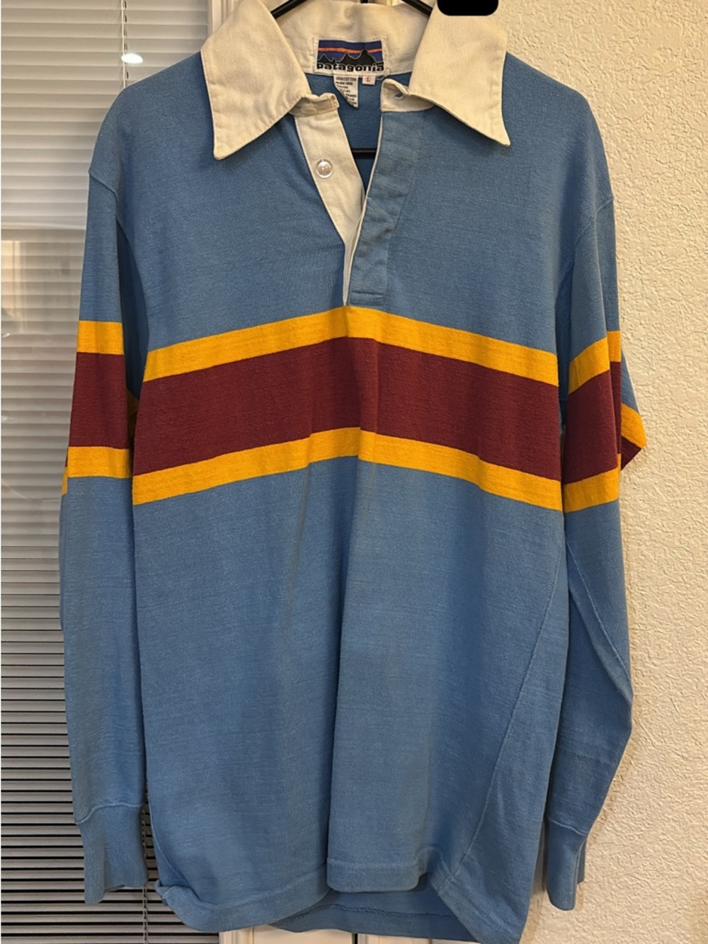 Vintage Patagonia 70s Light Blue Rugby Shirt with Maroon and Yellow Stripes